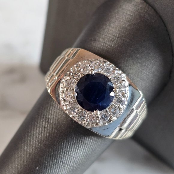 Mens Vintage Estate 14k White Gold Diamond Sapphire Ring 9.3g E7437